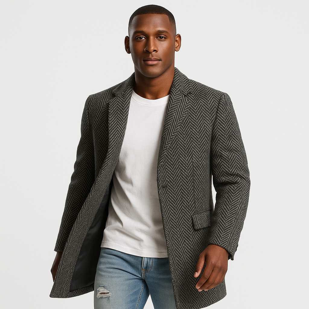 Refined Men's Herringbone Overcoat for Versatile Wear